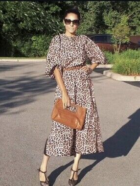 Leopard Print Midi Dress with Brown Accessories